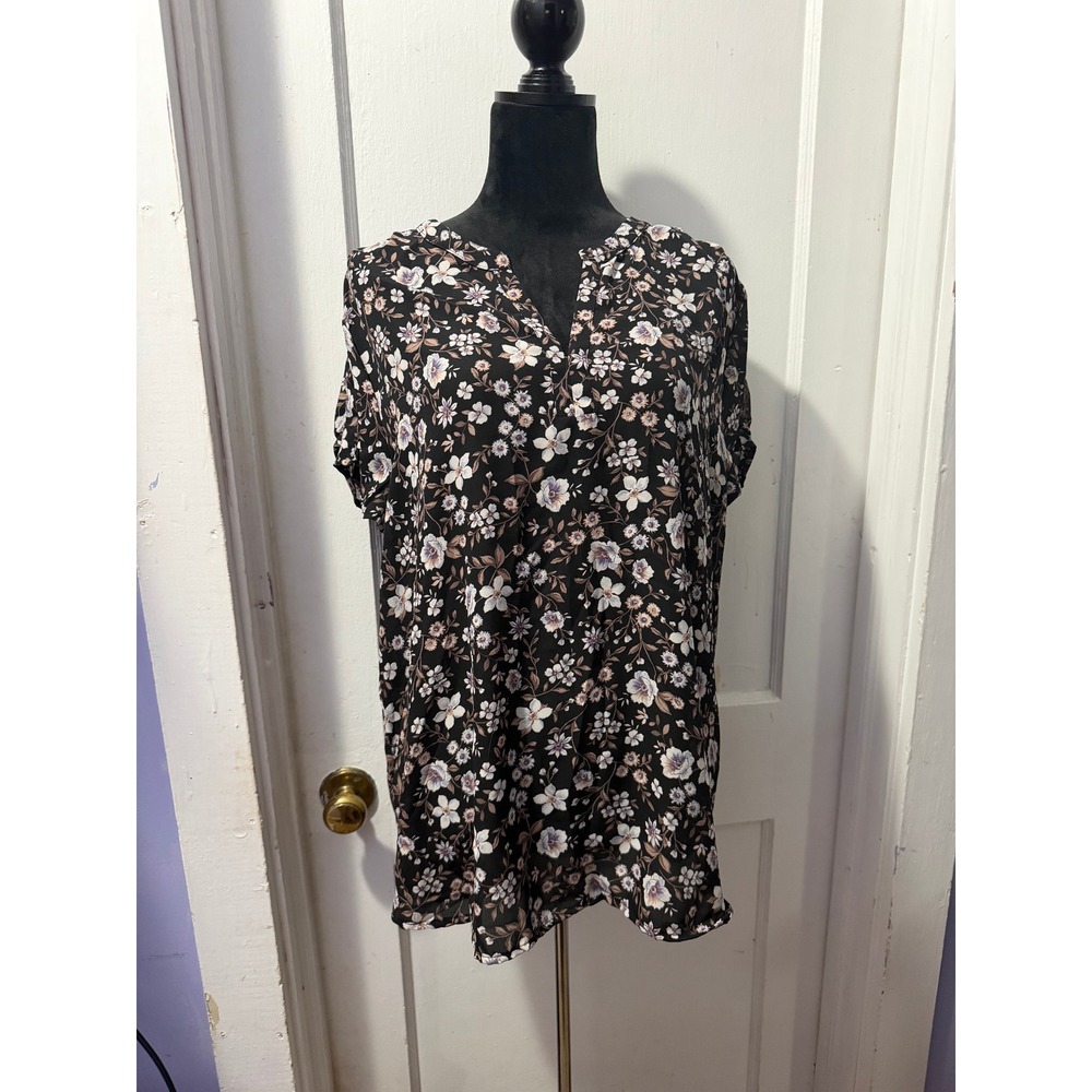 Pleione Black Floral Short Sleeve Split V-Neck Blouse Top XL